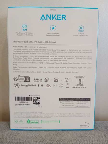 Powerbank Anker 20000mAh 87W A1383 USB-C with Cable Fast Charging a1383 фото